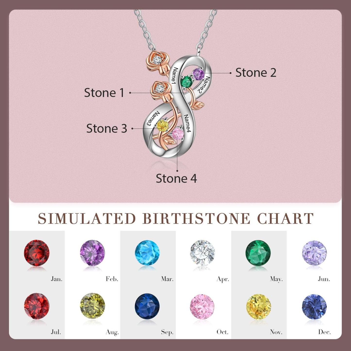 Personalized Infinity Roses Silver Pendant Necklace - Four Custom Name & Birthstone-Personalized Jewels