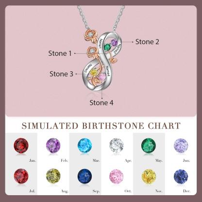 Personalized Infinity Roses Silver Pendant Necklace - Four Custom Name & Birthstone-Personalized Jewels