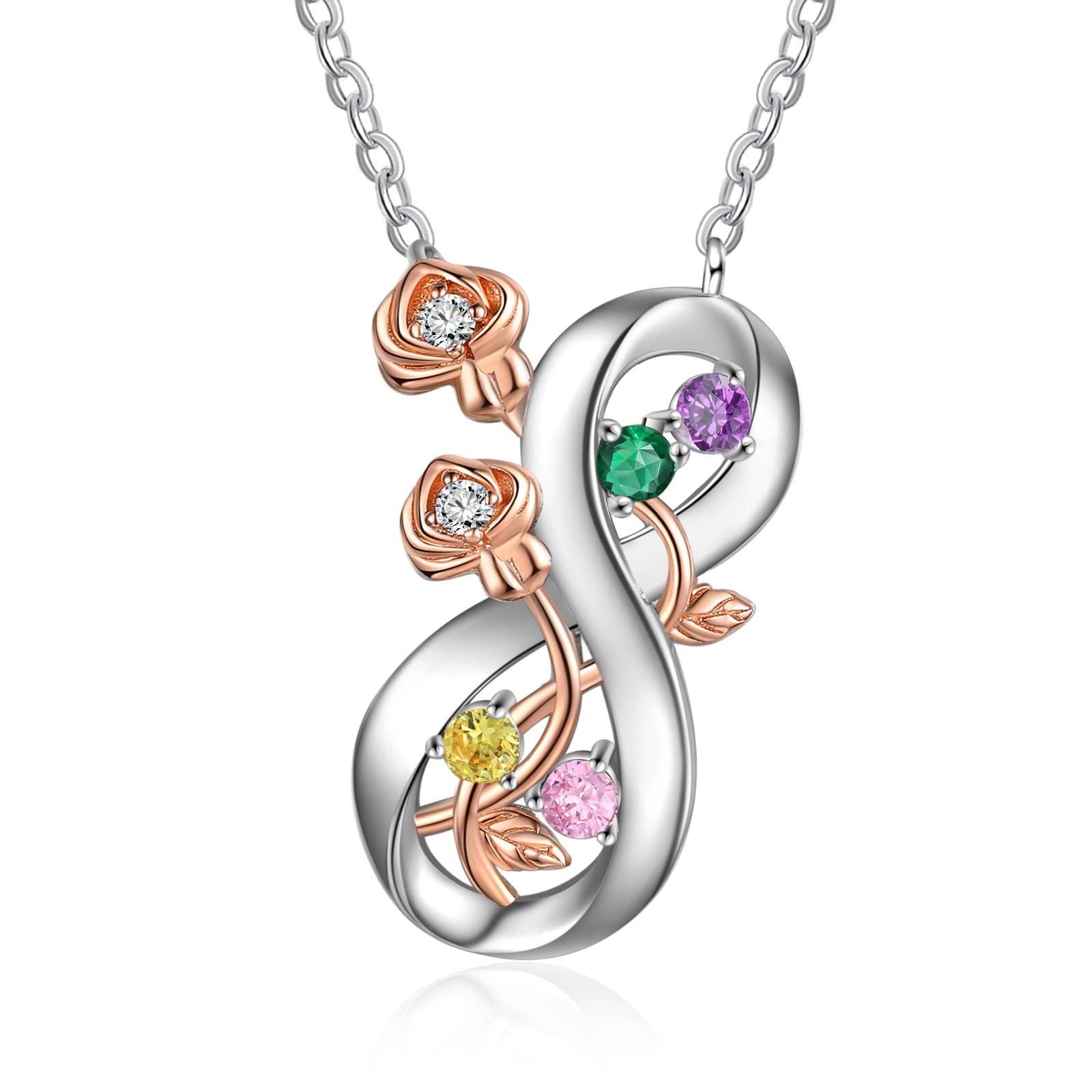 Personalized Infinity Roses Silver Pendant Necklace - Four Custom Name & Birthstone-Personalized Jewels