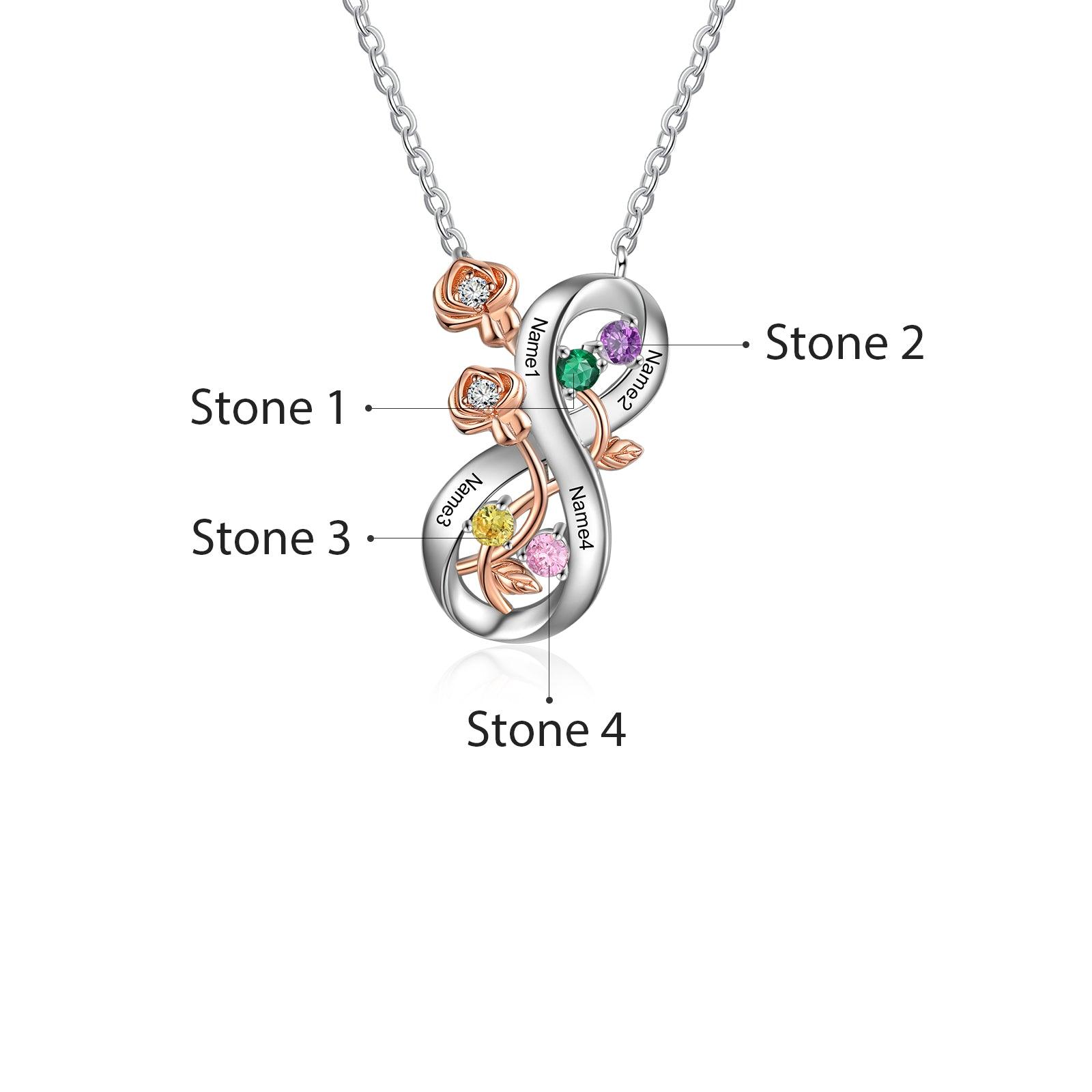 Personalized Infinity Roses Silver Pendant Necklace - Four Custom Name & Birthstone-Personalized Jewels