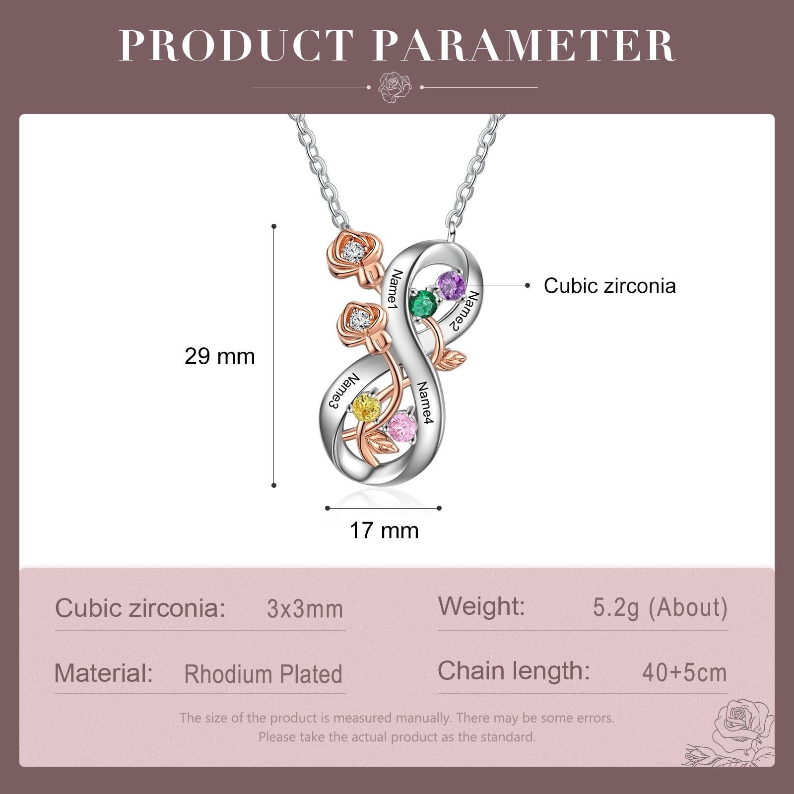 Personalized Infinity Roses Silver Pendant Necklace - Four Custom Name & Birthstone-Personalized Jewels