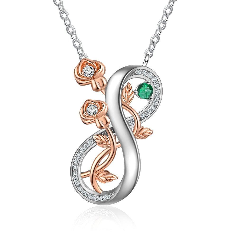 Personalized Infinity Roses Silver Pendant Necklace - One Custom Name & Birthstone - Personalized Jewel