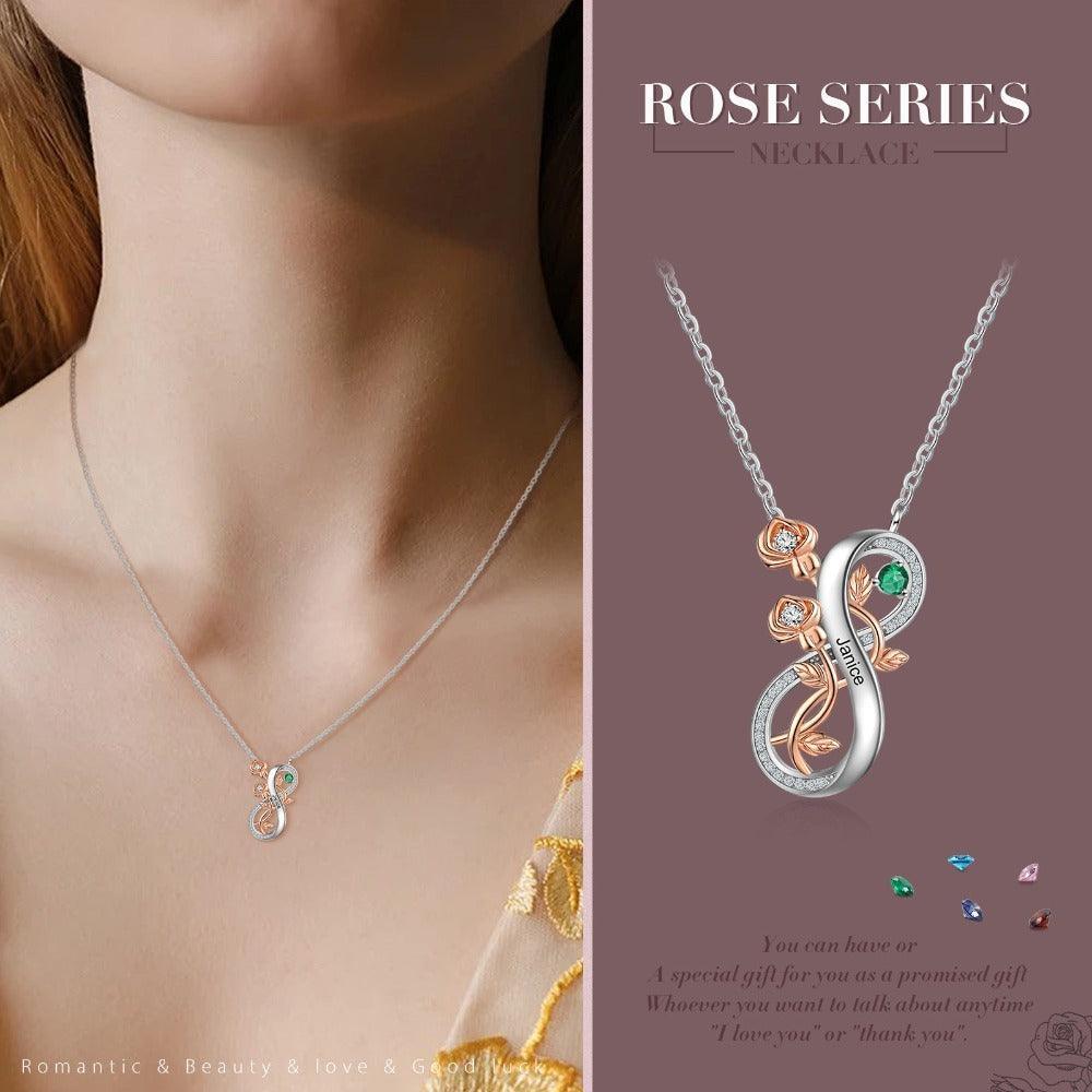 Personalized Infinity Roses Silver Pendant Necklace - One Custom Name & Birthstone - Personalized Jewel