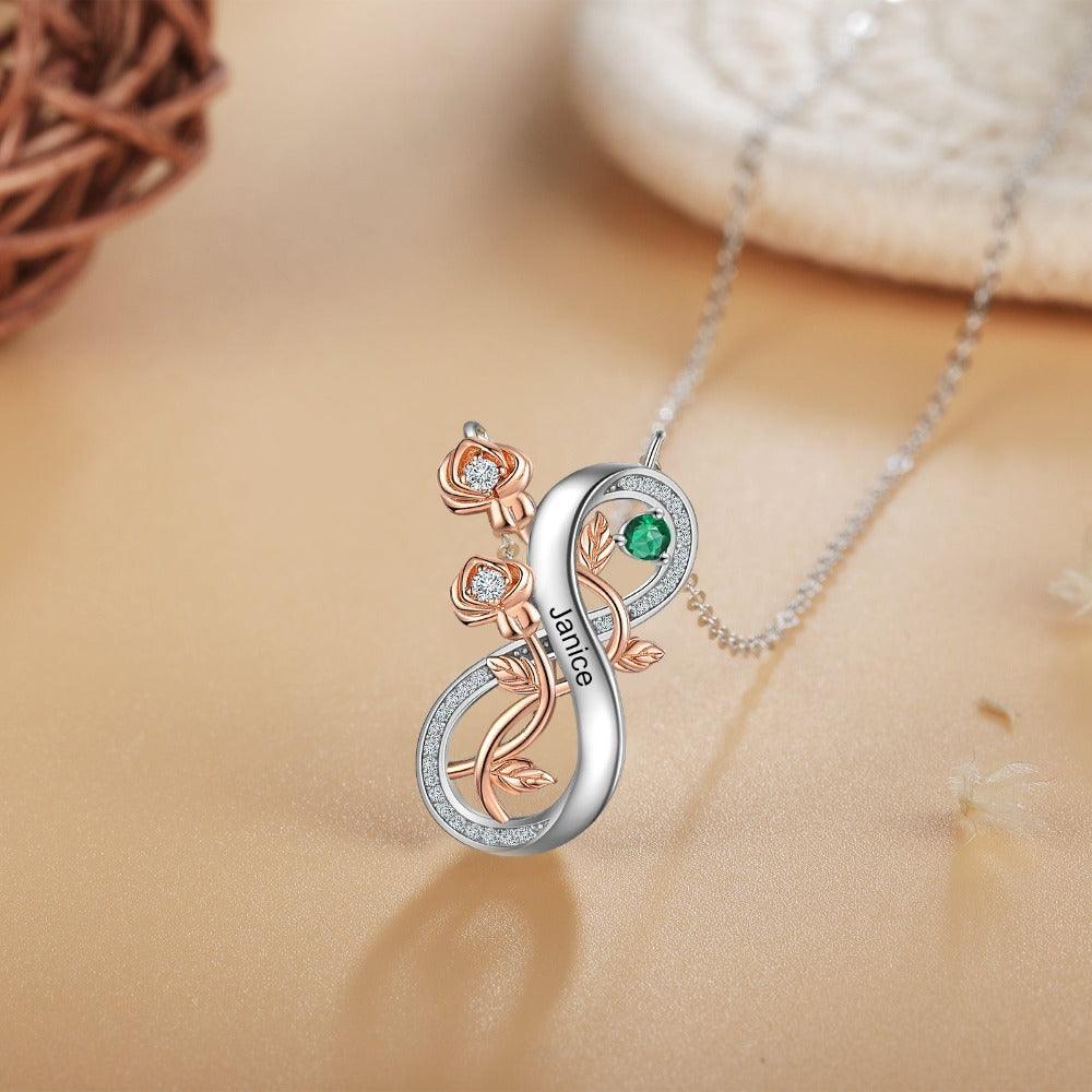 Personalized Infinity Roses Silver Pendant Necklace - One Custom Name & Birthstone - Personalized Jewel
