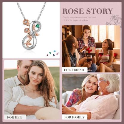 Personalized Infinity Roses Silver Pendant Necklace - One Custom Name & Birthstone - Personalized Jewel