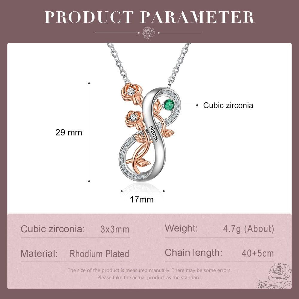 Personalized Infinity Roses Silver Pendant Necklace - One Custom Name & Birthstone - Personalized Jewel