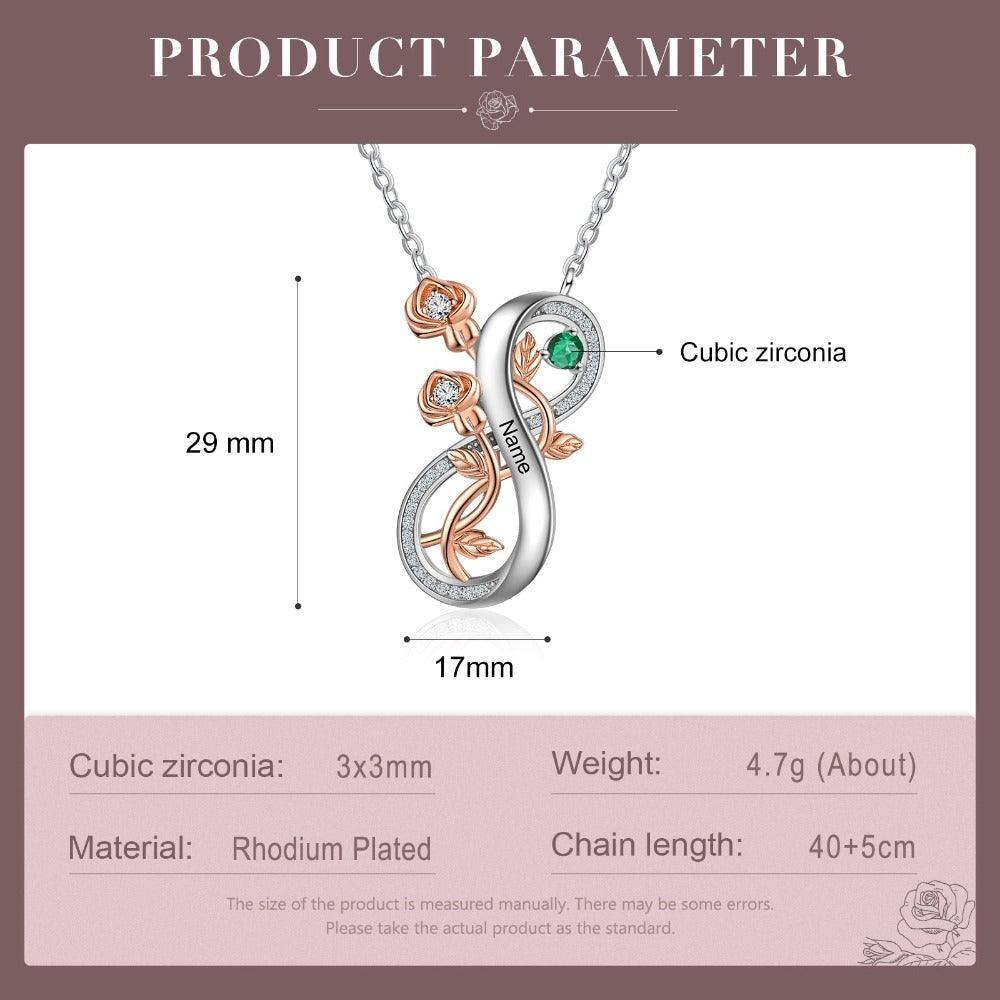 Personalized Infinity Roses Silver Pendant Necklace - One Custom Name & Birthstone - Personalized Jewel