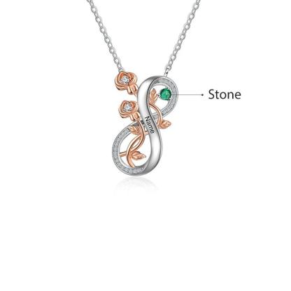Personalized Infinity Roses Silver Pendant Necklace - One Custom Name & Birthstone - Personalized Jewel