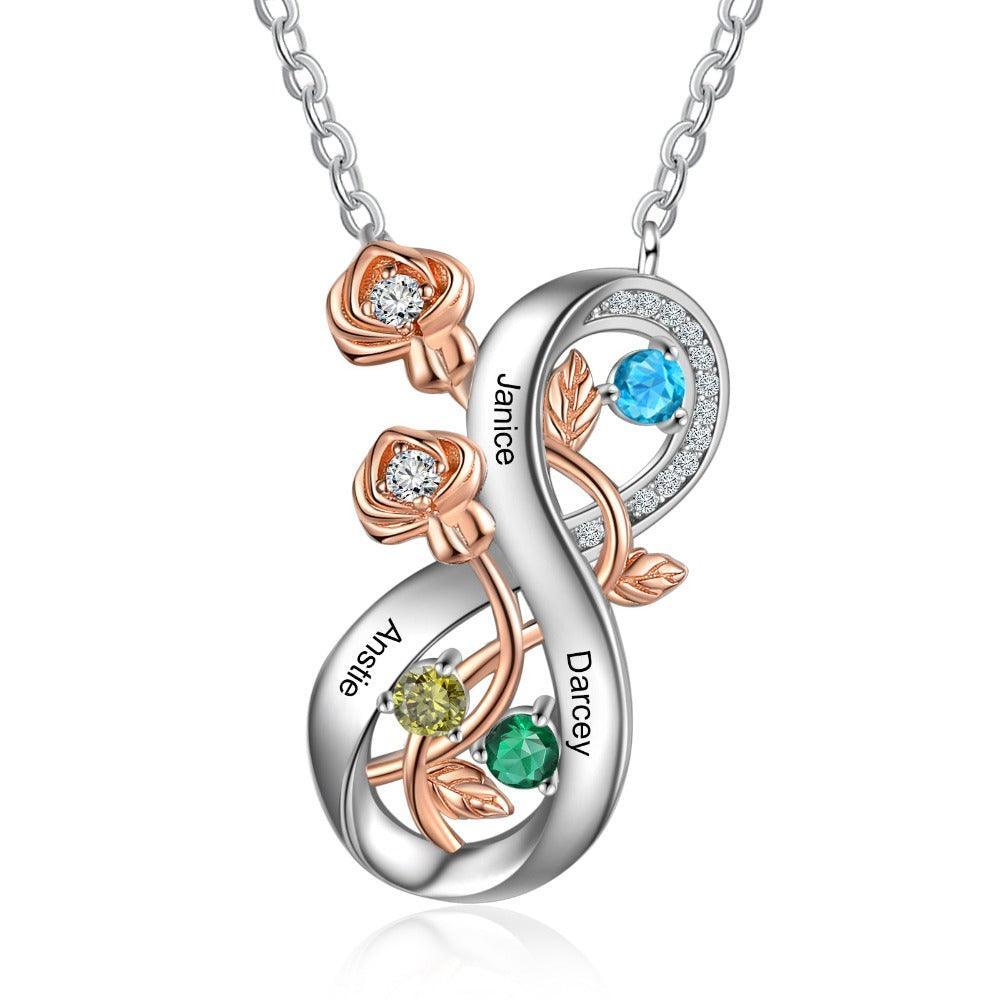 Personalized Infinity Roses Silver Pendant Necklace - Three Custom Name & Birthstone - Personalized Jewel