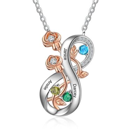 Personalized Infinity Roses Silver Pendant Necklace - Three Custom Name & Birthstone - Personalized Jewel