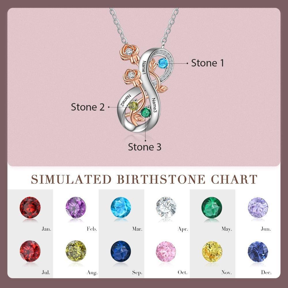 Personalized Infinity Roses Silver Pendant Necklace - Three Custom Name & Birthstone - Personalized Jewel