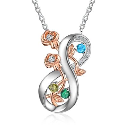 Personalized Infinity Roses Silver Pendant Necklace - Three Custom Name & Birthstone - Personalized Jewel