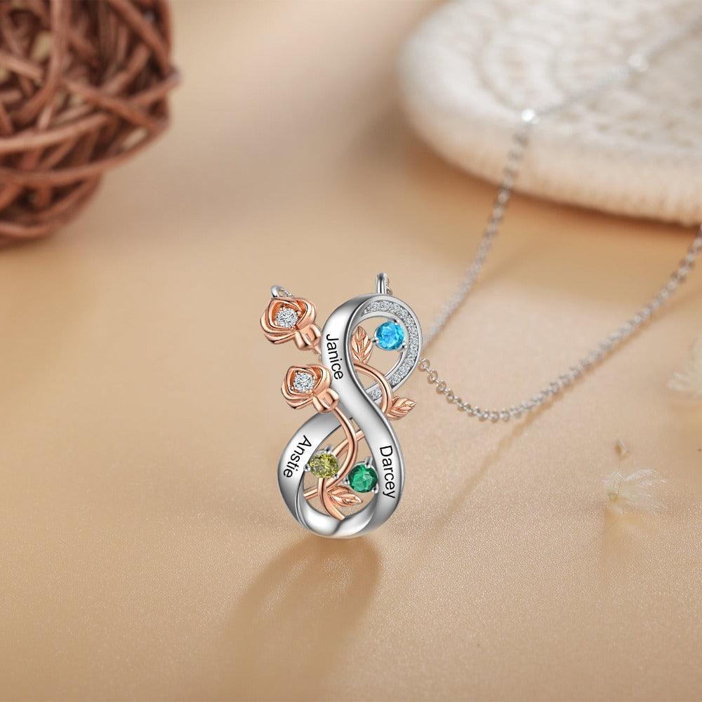 Personalized Infinity Roses Silver Pendant Necklace - Three Custom Name & Birthstone - Personalized Jewel