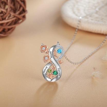 Personalized Infinity Roses Silver Pendant Necklace - Three Custom Name & Birthstone - Personalized Jewel