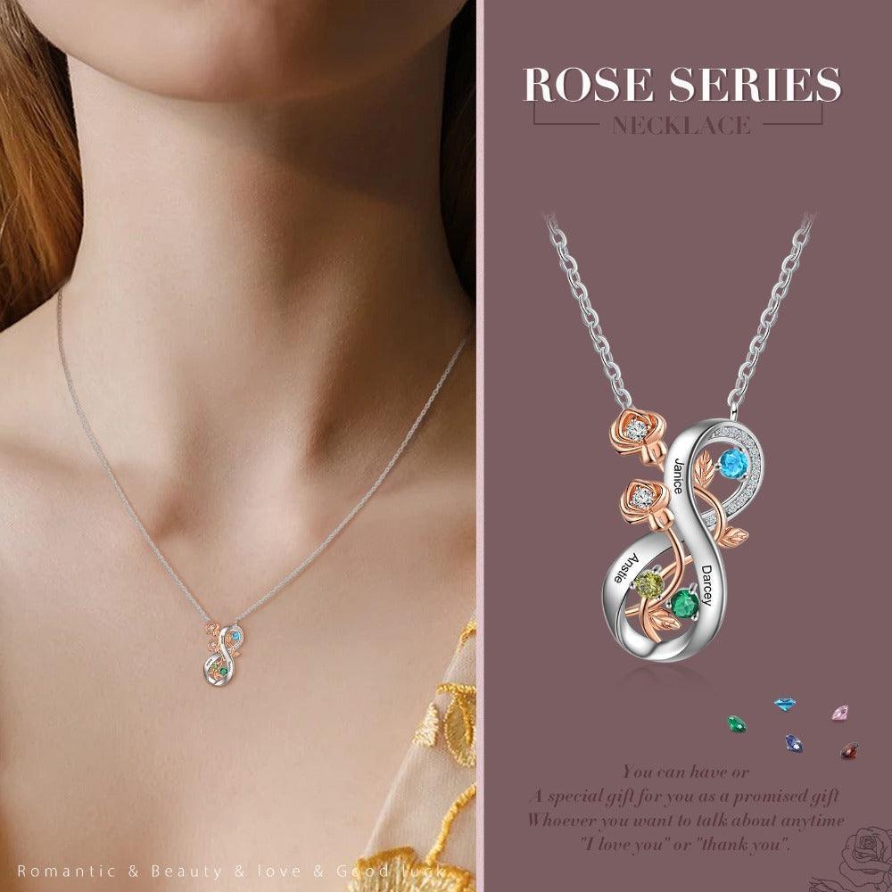 Personalized Infinity Roses Silver Pendant Necklace - Three Custom Name & Birthstone - Personalized Jewel