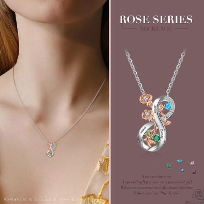 Personalized Infinity Roses Silver Pendant Necklace - Three Custom Name & Birthstone - Personalized Jewel