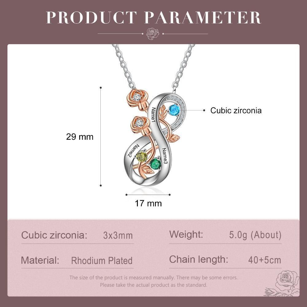 Personalized Infinity Roses Silver Pendant Necklace - Three Custom Name & Birthstone - Personalized Jewel