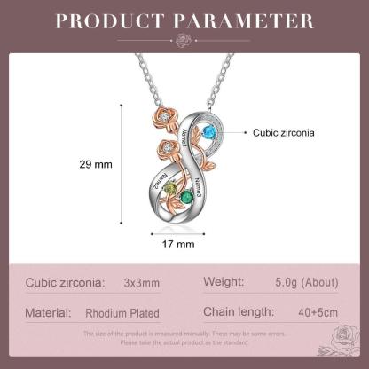 Personalized Infinity Roses Silver Pendant Necklace - Three Custom Name & Birthstone - Personalized Jewel