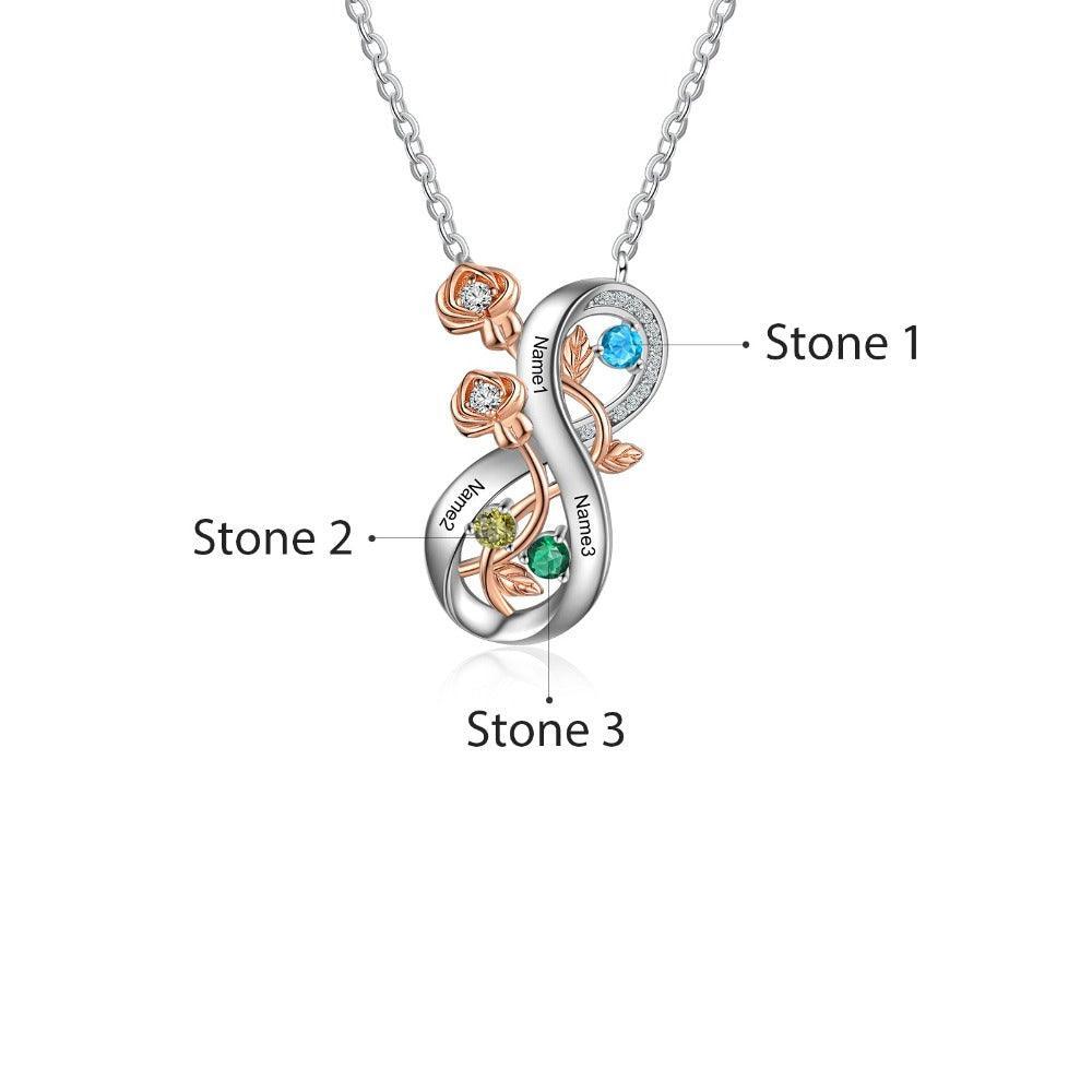 Personalized Infinity Roses Silver Pendant Necklace - Three Custom Name & Birthstone-Personalized Jewels
