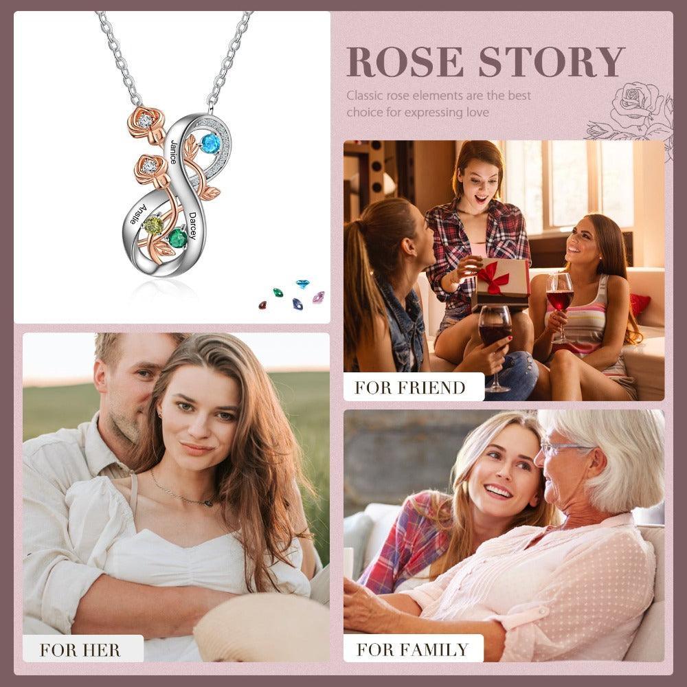 Personalized Infinity Roses Silver Pendant Necklace - Three Custom Name & Birthstone - Personalized Jewel