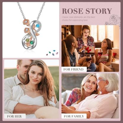 Personalized Infinity Roses Silver Pendant Necklace - Three Custom Name & Birthstone - Personalized Jewel