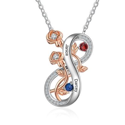Personalized Infinity Roses Silver Pendant Necklace - Two Custom Name & Birthstone-Personalized Jewels