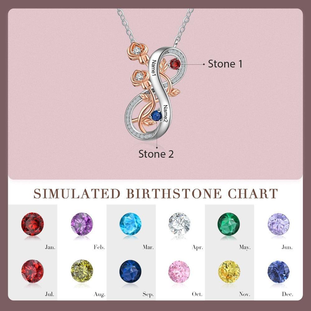Personalized Infinity Roses Silver Pendant Necklace - Two Custom Name & Birthstone-Personalized Jewels