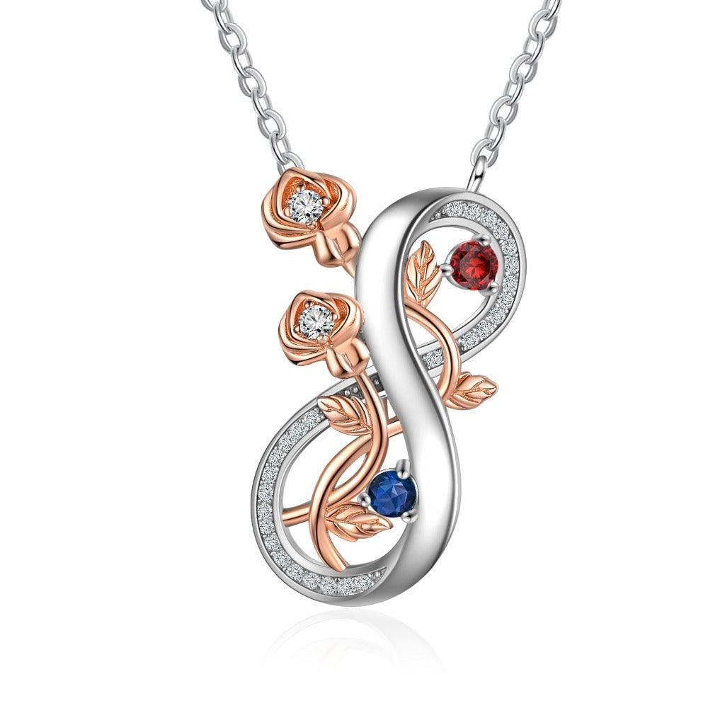 Personalized Infinity Roses Silver Pendant Necklace - Two Custom Name & Birthstone-Personalized Jewels