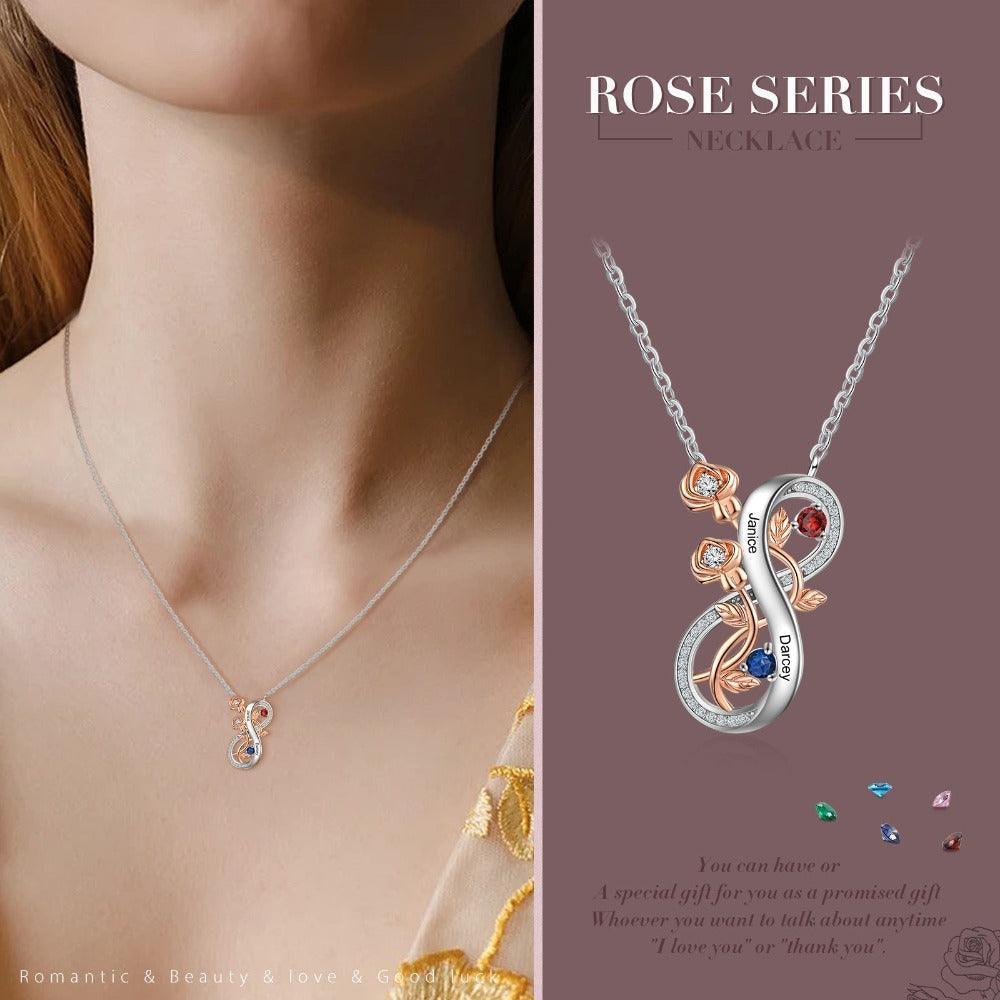 Personalized Infinity Roses Silver Pendant Necklace - Two Custom Name & Birthstone-Personalized Jewels