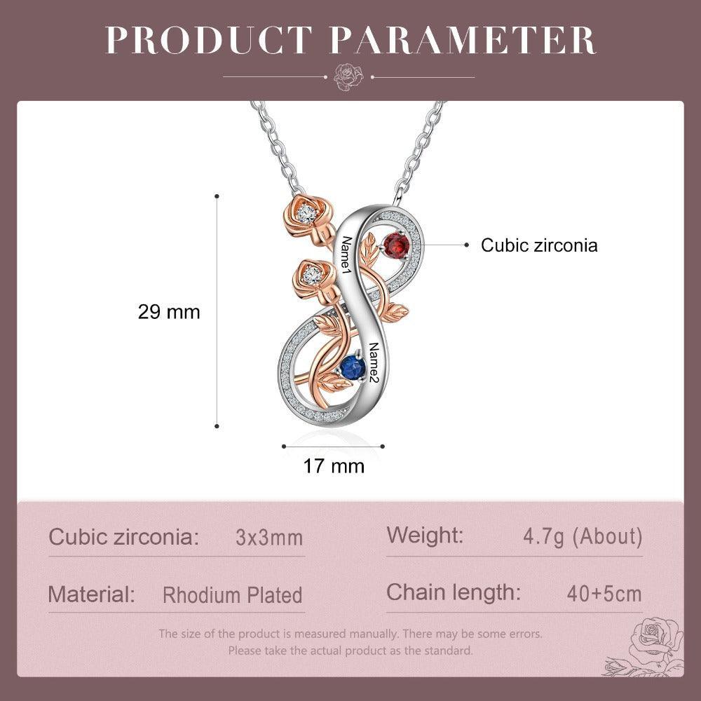 Personalized Infinity Roses Silver Pendant Necklace - Two Custom Name & Birthstone-Personalized Jewels