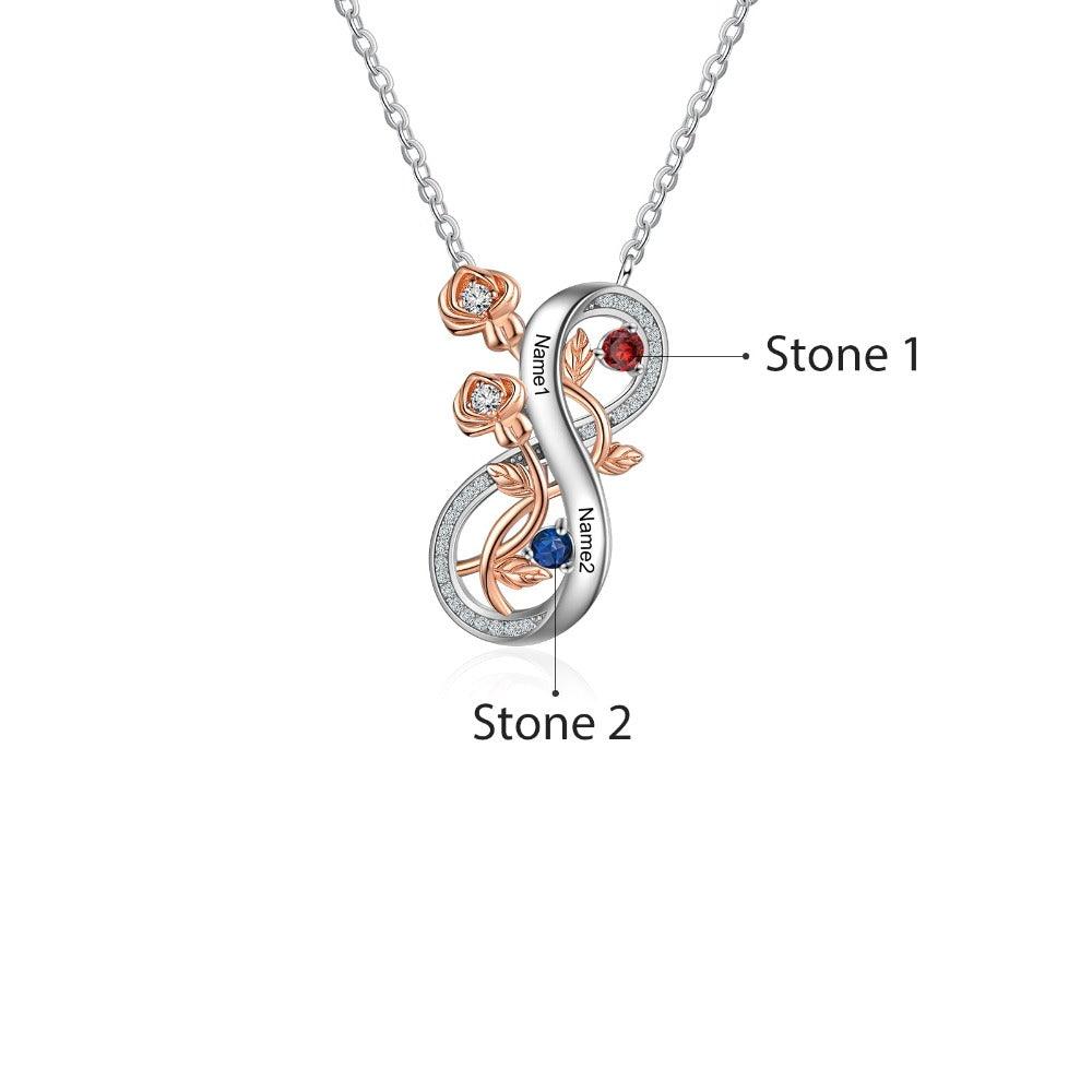 Personalized Infinity Roses Silver Pendant Necklace - Two Custom Name & Birthstone-Personalized Jewels