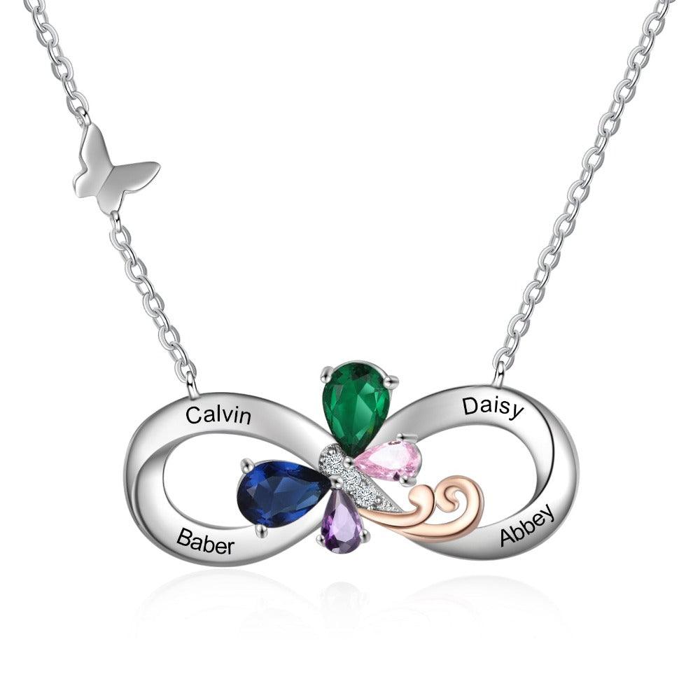 Personalized Infinity Silver Pendant Necklace - Four Custom Names & Birthstones-Personalized Jewels