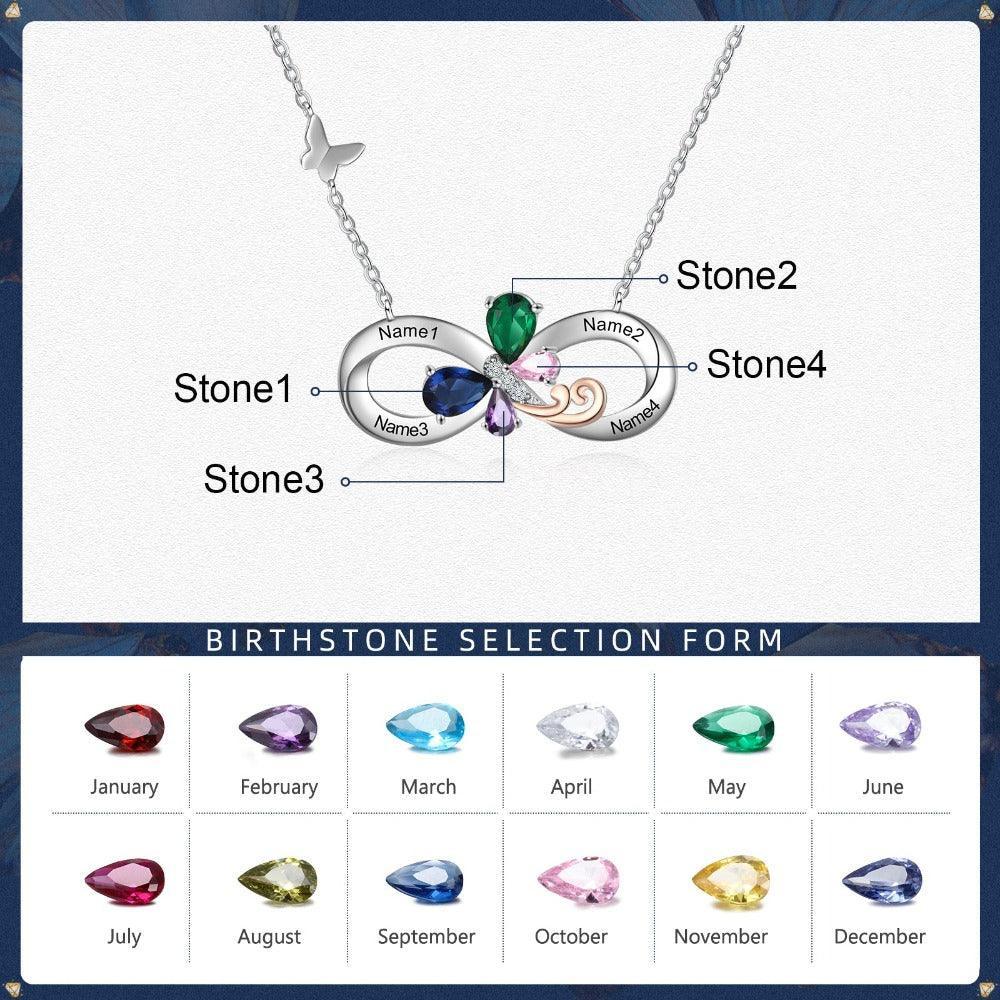 Personalized Infinity Silver Pendant Necklace - Four Custom Names & Birthstones-Personalized Jewels