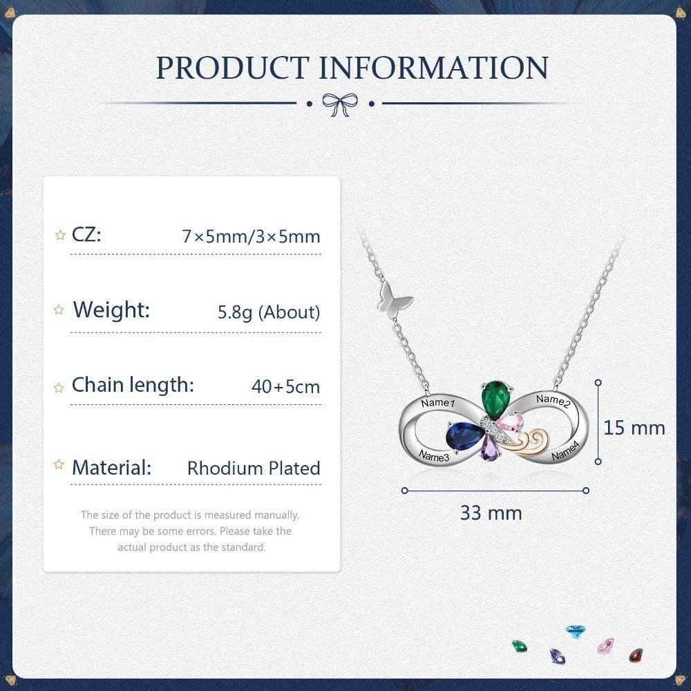 Personalized Infinity Silver Pendant Necklace - Four Custom Names & Birthstones-Personalized Jewels
