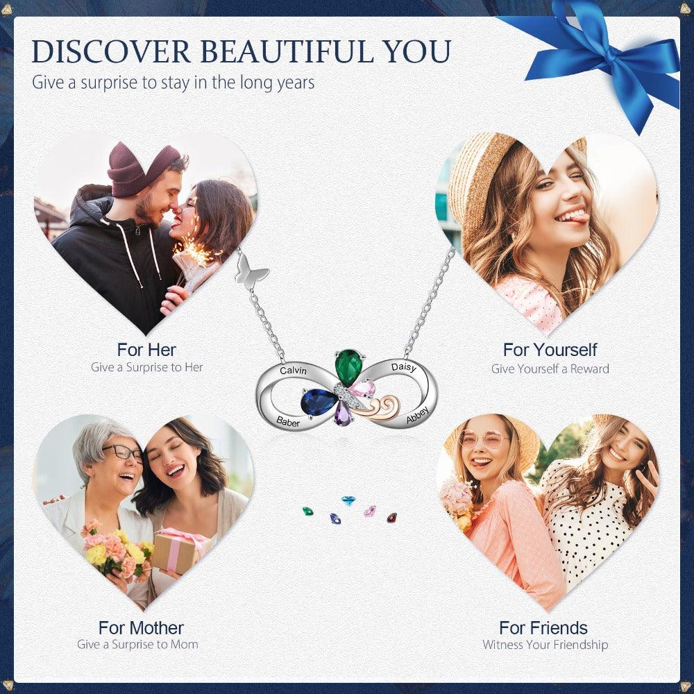 Personalized Infinity Silver Pendant Necklace - Four Custom Names & Birthstones-Personalized Jewels