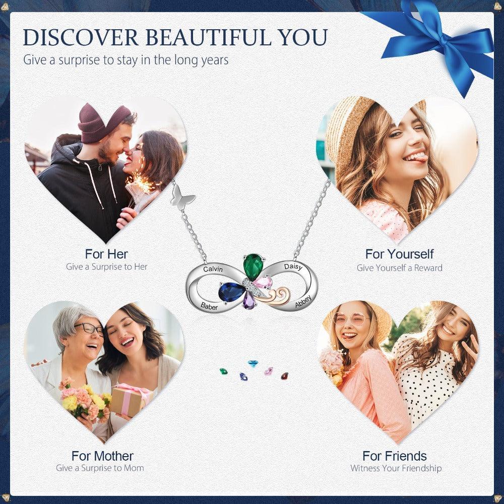 Personalized Infinity Silver Pendant Necklace - Four Custom Names & Birthstones-Personalized Jewels