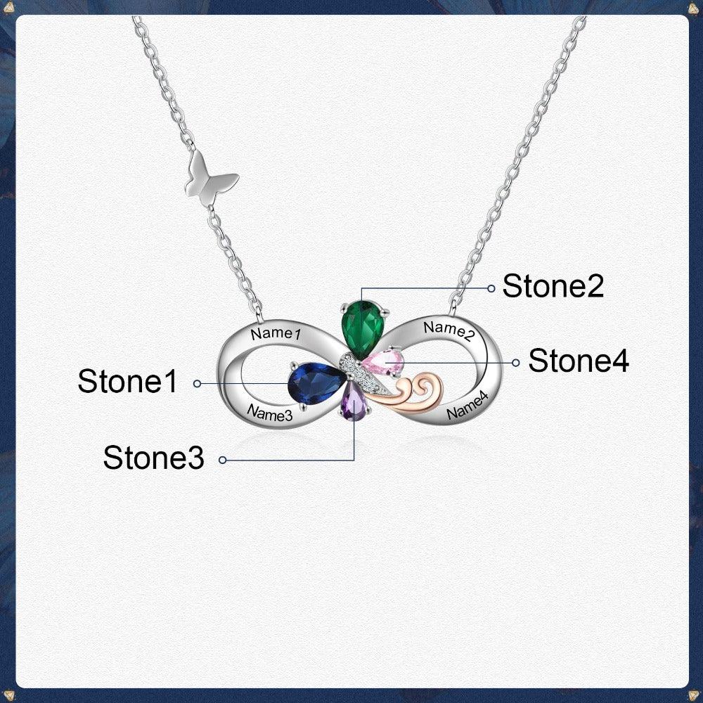 Personalized Infinity Silver Pendant Necklace - Four Custom Names & Birthstones-Personalized Jewels