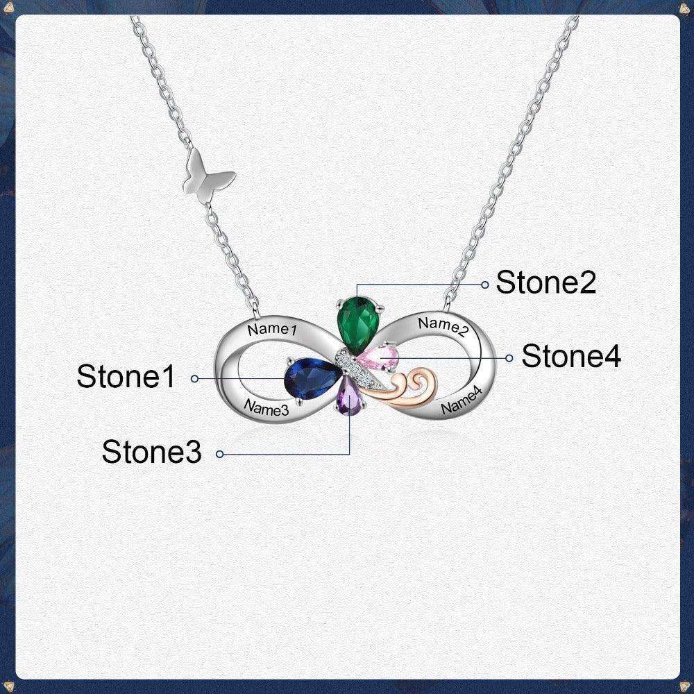 Personalized Infinity Silver Pendant Necklace - Four Custom Names & Birthstones-Personalized Jewels