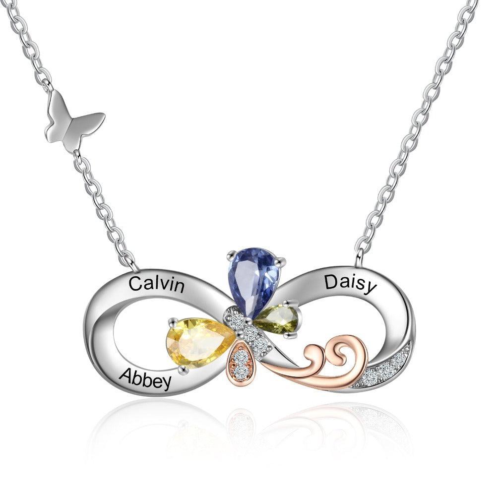 Personalized Infinity Silver Pendant Necklace - Three Custom Names & Birthstones - Personalized Jewel