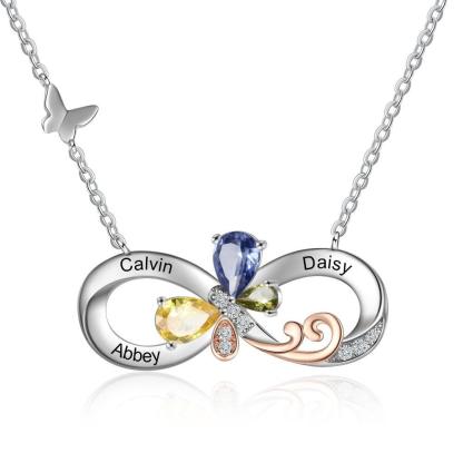 Personalized Infinity Silver Pendant Necklace - Three Custom Names & Birthstones - Personalized Jewel