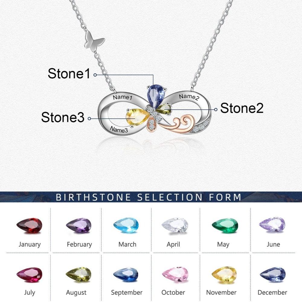 Personalized Infinity Silver Pendant Necklace - Three Custom Names & Birthstones - Personalized Jewel
