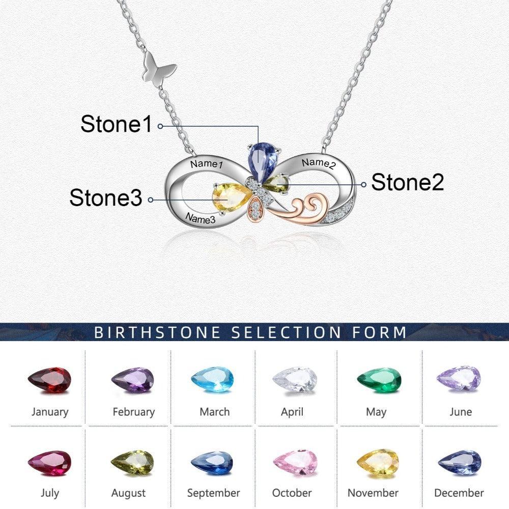 Personalized Infinity Silver Pendant Necklace - Three Custom Names & Birthstones - Personalized Jewel