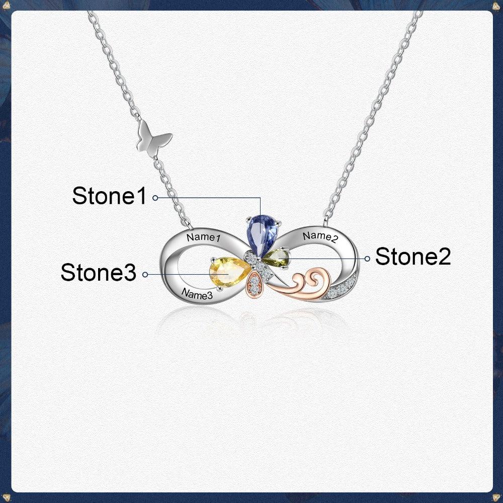 Personalized Infinity Silver Pendant Necklace - Three Custom Names & Birthstones - Personalized Jewel