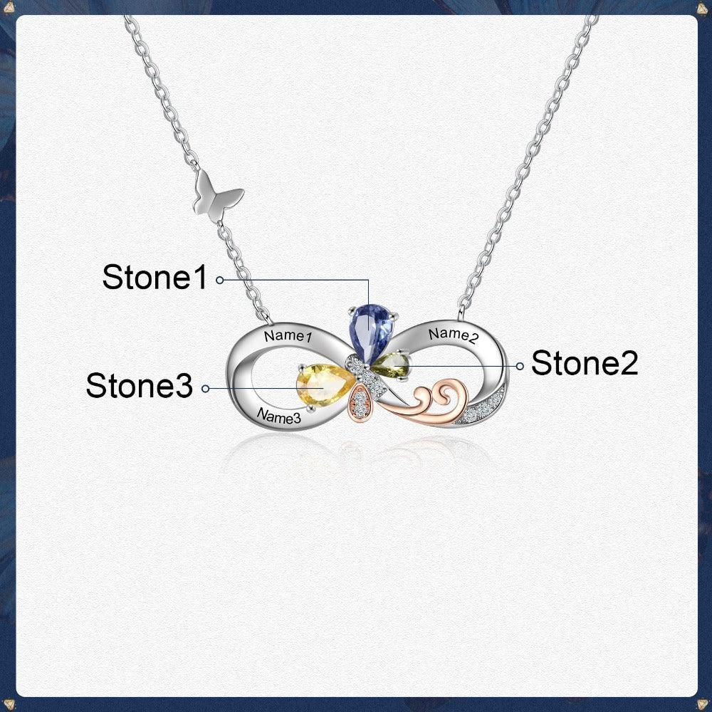 Personalized Infinity Silver Pendant Necklace - Three Custom Names & Birthstones - Personalized Jewel