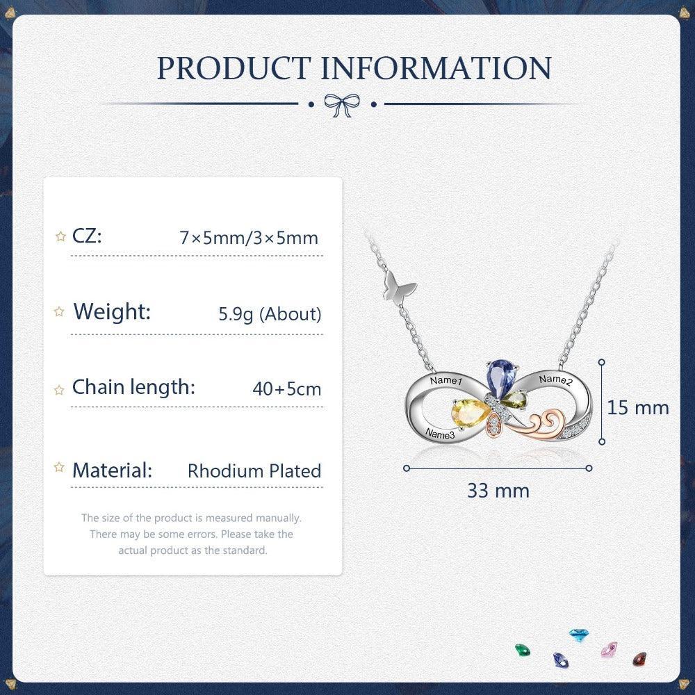 Personalized Infinity Silver Pendant Necklace - Three Custom Names & Birthstones-Personalized Jewels