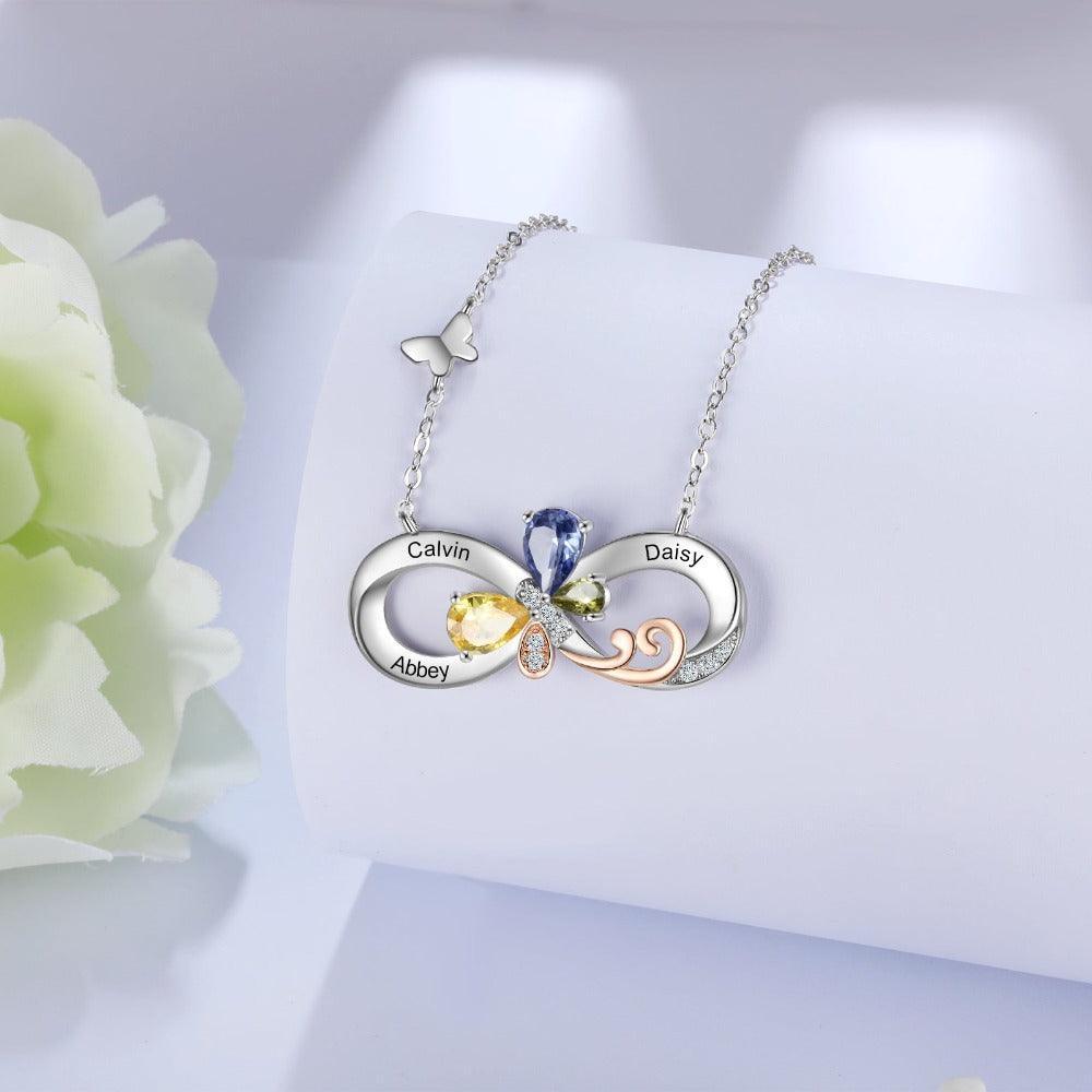 Personalized Infinity Silver Pendant Necklace - Three Custom Names & Birthstones-Personalized Jewels