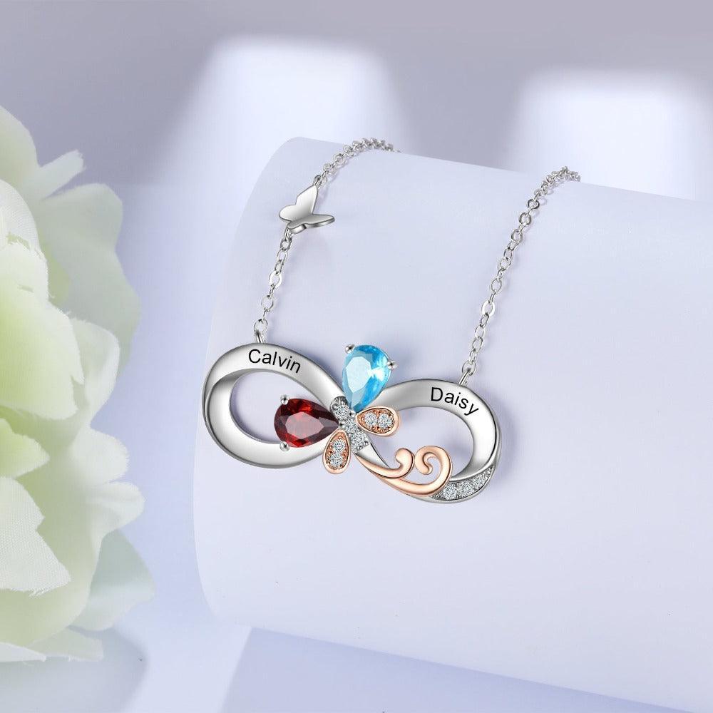 Personalized Infinity Silver Pendant Necklace - Two Custom Names & Birthstones-Personalized Jewels