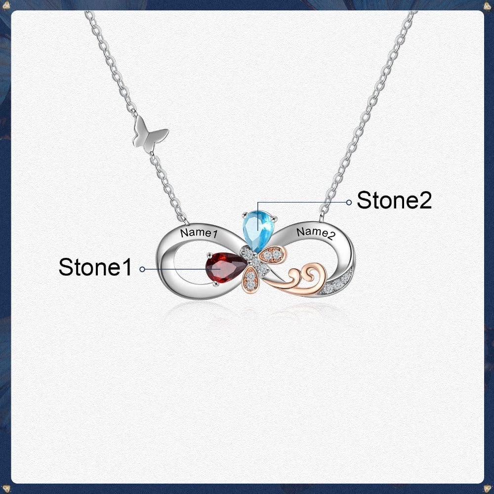 Personalized Infinity Silver Pendant Necklace - Two Custom Names & Birthstones-Personalized Jewels