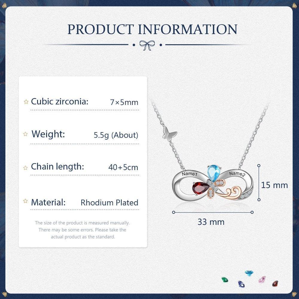 Personalized Infinity Silver Pendant Necklace - Two Custom Names & Birthstones - Personalized Jewel