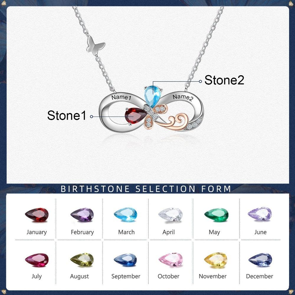 Personalized Infinity Silver Pendant Necklace - Two Custom Names & Birthstones - Personalized Jewel